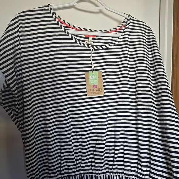 Joules Knit Dress NWT Navy White Stripes Cap Sleeve Midi XL Cinch Waist Comfy - Picture 2 of 13